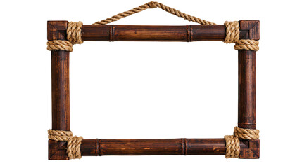 Rustic dark brown bamboo picture frame with decorative jute rope knots and hanger © Gaspard