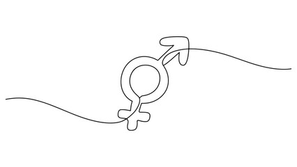 Obraz premium Continuous single line drawing of male and female gender symbols combined together Vector, illustration