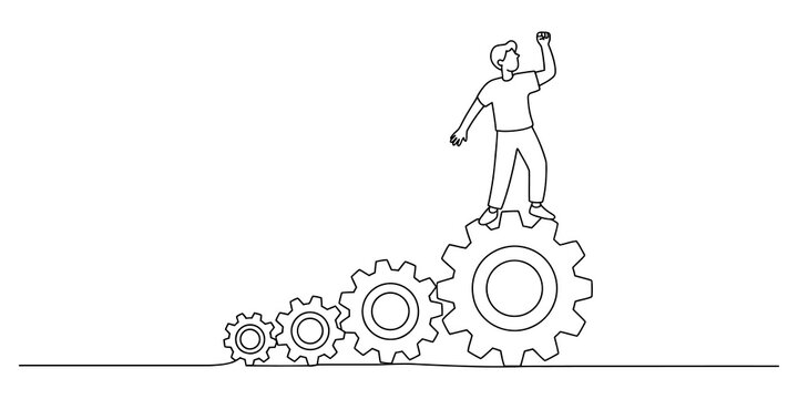 Man standing on top of a stack of gears Continuous line drawing