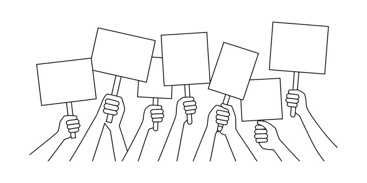 Many hands holding up blank signs for protest or message in Continuous line drawing