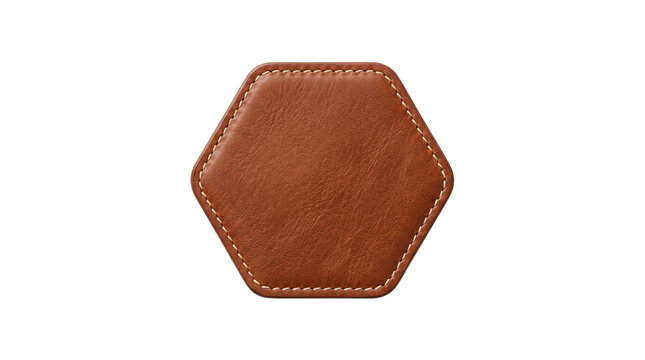 Hexagonal brown leather patch with white stitched border isolated on transparent background for apparel branding and product labels.