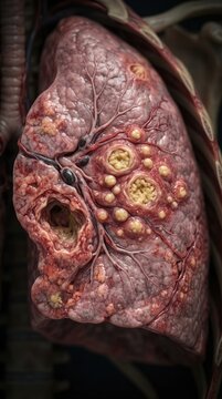 Pulmonary tuberculosis damage: lung infection, respiratory illness, bacterium contagion, chronic disease, chest inflammation, clinical diagnosis, patient treatment, body recovery, strong immunity.