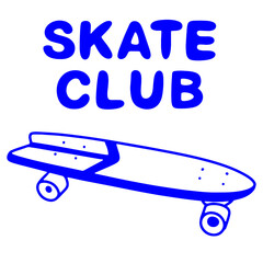 Skate club classic skateboard with wheels and raised deck blue doodle illustration © Irina 