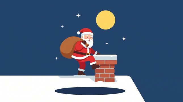 santa claus rooftop chimney flat vector night