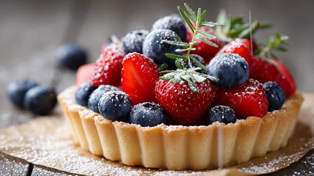 Delicious berry tart with fresh strawberries and blueberries, topped with powdered sugar