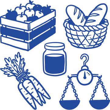 Farm market icons blue vector set with crate of apples and basket of bread for sale.