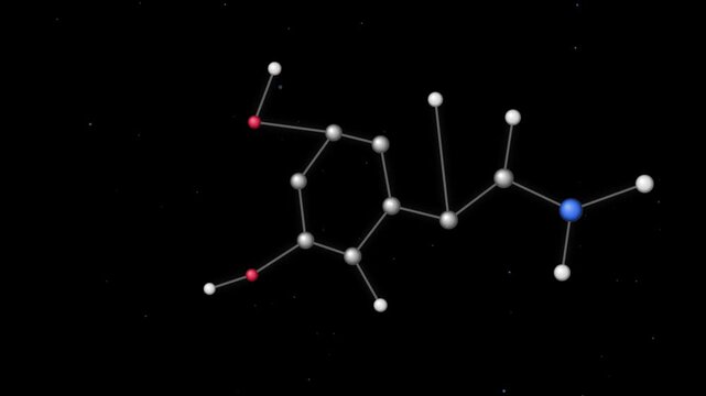 Dopamine molecular structure spinning slowly on black starry background 3d scientific visualization for chemistry research.