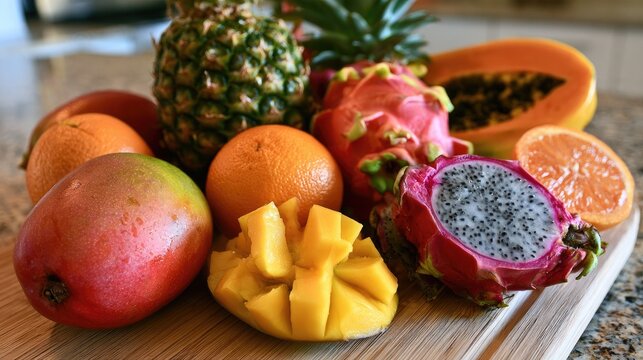 Exotic Fruit Medley: A vibrant arrangement of tropical fruits including dragon fruit, mango, pineapple, papaya, oranges, and grapefruit, offering a taste of paradise.