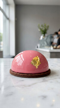 A gourmet pink glazed dome mousse cake decorated with a piece of edible gold leaf on a marble table.