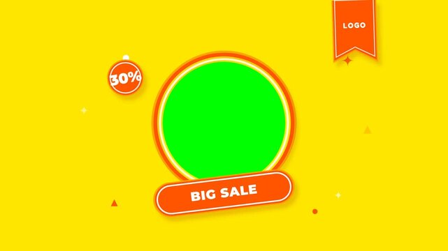 Vibrant retail promotion frame featuring a circular green screen product placeholder, bold Big Sale badge, 30 percent discount badge, logo ribbon, yel.