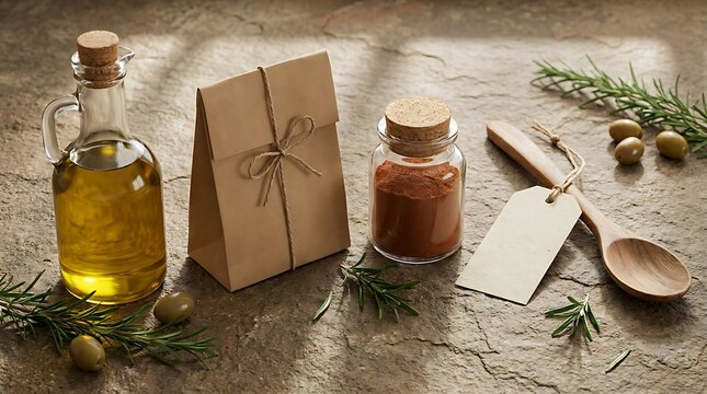 High-quality Mediterranean culinary still life featuring extra virgin olive oil, aromatic spices in a glass jar, fresh rosemary sprigs, and green olives on a rustic stone surface with eco-packaging.