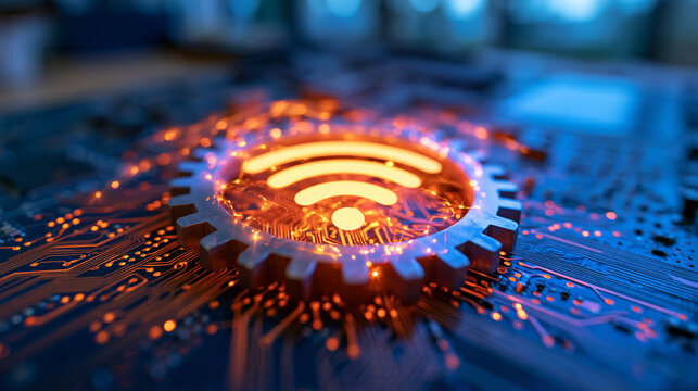 Glowing wireless connectivity symbol nested inside a silver mechanical gear on a high-tech circuit board, detailed electronic traces forming a sophisticated network around the mechanism, smart facto