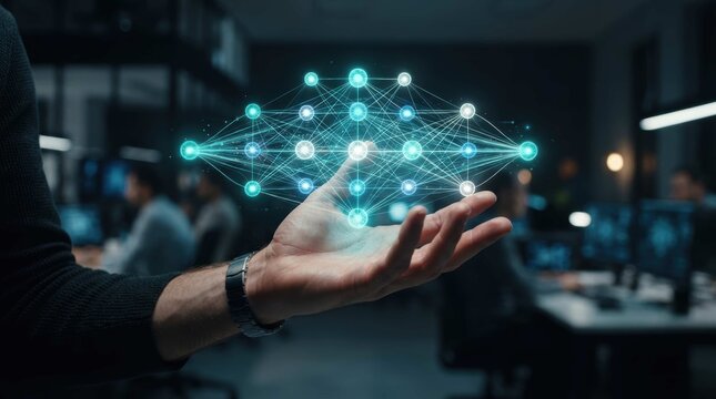Abstract neural network geometry held in hand representing deep learning computing.
