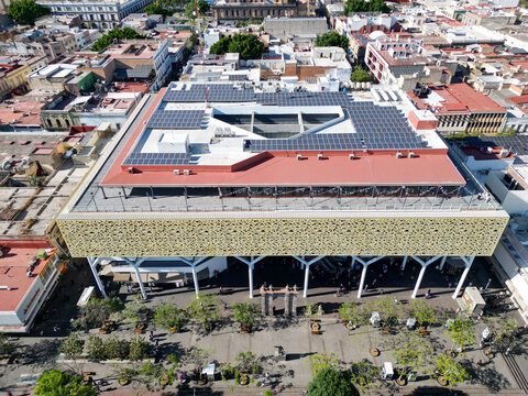 Zapopan, Mexico - March 21 2026: Aerial view of Zapopan MAZ Station. Modern architecture, solar panels on the roof, urban city setting.