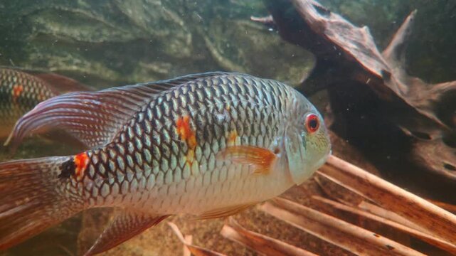 Colorful freshwater fish swimming slowly past submerged driftwood and aquatic plants in a clear aquarium, showing patterned scales and flowing fins in close up