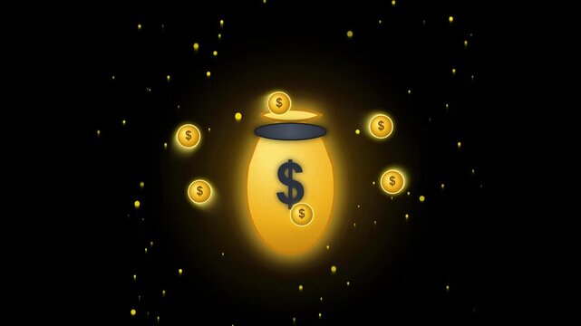 Golden money bag with dollar sign spins among floating coins in dark background with particles dynamic motion.