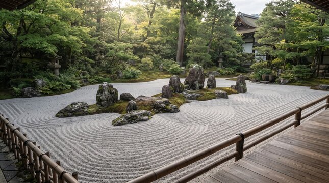 meditation landscape traditional courtyard asian sanctuary buddhist temple grounds peaceful courtyard stone arrangement sand raked pattern minimalist landscape oriental sanctuary