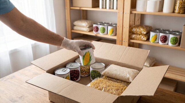 Volunteer packing canned food for community donation