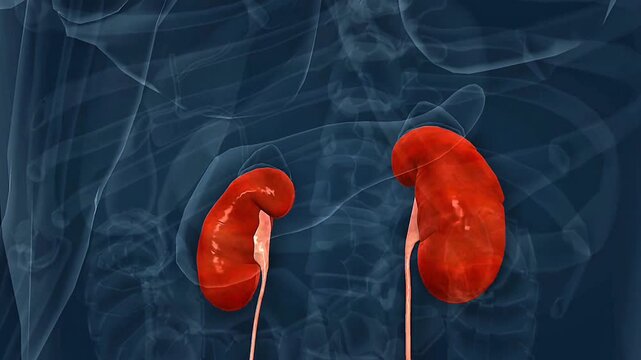 A 3D view of the human female urinary system showing kidneys, ureters, bladder, and urethra.