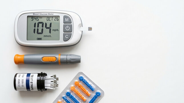 Diabetes monitoring kit glucose meter insulin pen test strips lancets on white background Healthy lifestyle concept