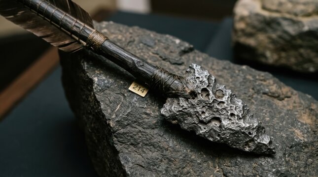 Ancient stone arrowhead primitive tool resting on dark rock.