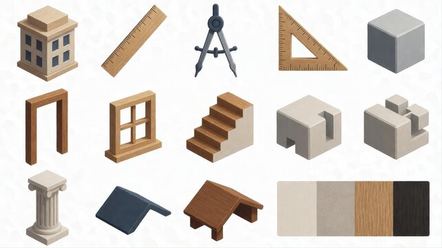 Various geometric and architectural models including blocks staircase and drafting tools