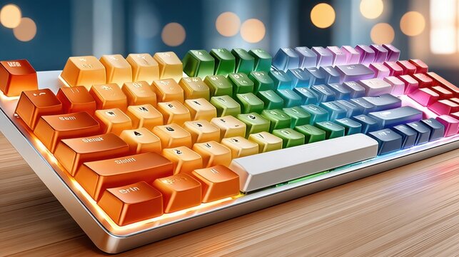 Glowing rainbow backlit mechanical keyboard with orange to purple gradient keys on wooden desk, gaming peripheral