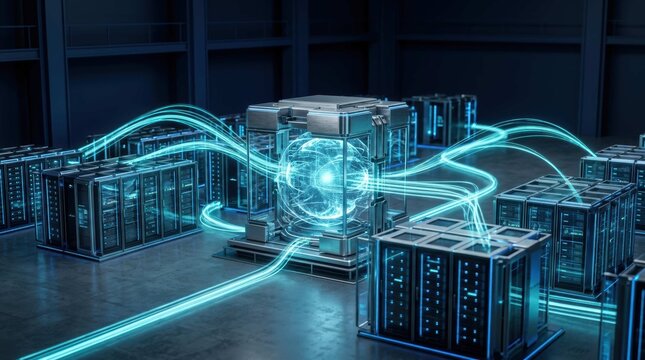 Advanced quantum processor core emitting light energy within isolated server racks.