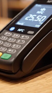 Contactless payment terminal on wooden counter in bakery shop with blurred product displays, showing card reader keypad screen and nfc checkout device for retail purchase transactions.