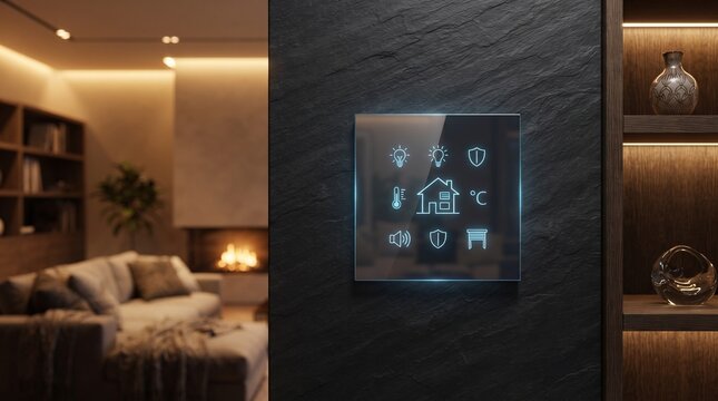 digital interface touch screen wall display automation device lighting management climate system temperature regulator security interface modern interior living room decor