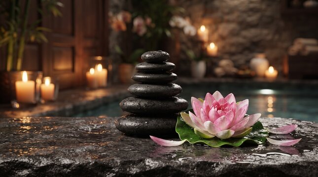 spa wellness relaxation zen meditation balance harmony pebbles rocks boulder water pool bath candles candlelight ambient lighting blossom petals pink plant leaf green bamboo