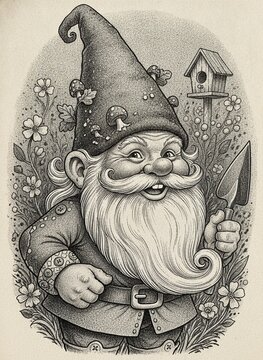 Vintage style pencil drawing of a friendly garden gnome with a long beard holding a trowel in a flowery garden with a birdhouse, concept of whimsical gardening and folklore
