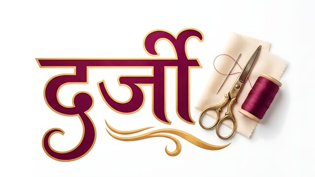 Tailor lettering design in dark purple with gold outline featuring needle scissor and fabric thread.