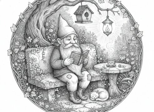Black and white pencil drawing of a garden gnome sitting on a stone bench reading a book in a magical forest garden with a sleeping cat, concept of peaceful solitude and magical storytelling