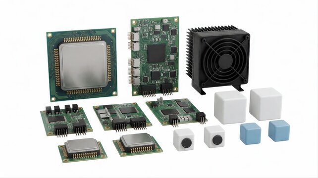 Collection of electronic components including microprocessor, circuit boards, cooling fan, and various sensors