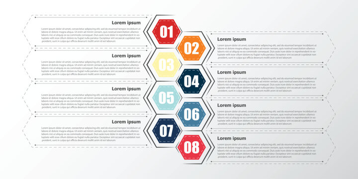 This simple infographic, primarily designed using hexagons, presents details in bullet points, covering 8 topics in total.