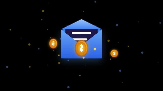 Opened blue envelope containing money icons floating against dark background for digital marketing communication concept.