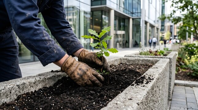 Close up of a gardener wearing work gloves planting a young oak sapling in a concrete planter in a modern city street, promoting urban greening, sustainability, and environmental conservation.
