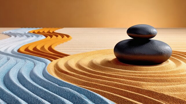 Flowing blue and orange sand patterns around balanced stones, meditation concept with concentric texture and minimalist design