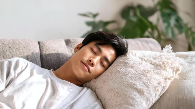 An Asian man is sleeping on the sofa with his head on a pillow in a home setting. Concept of rest, daytime sleep, tranquility