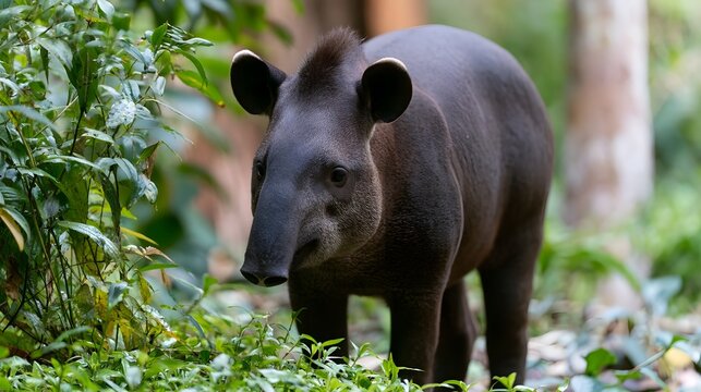 A young tapir stands alert in a lush green forest  surrounded by dense foliage and soft natural light