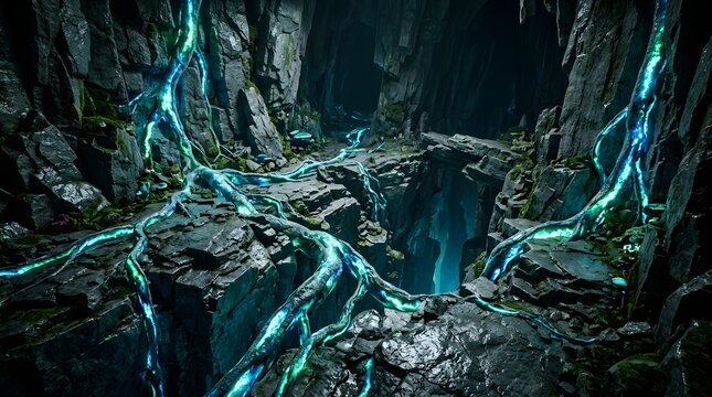 Glowing magical roots twisting across dark ancient rock formations inside mysterious fantasy cavern with bright turquoise luminescence