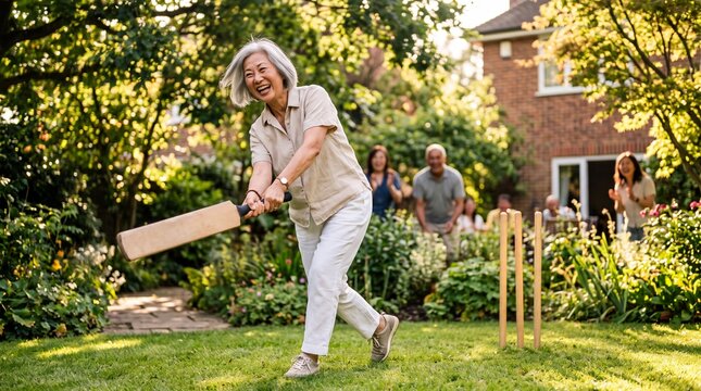 Senior East Asian Woman Playing Cricket in Sunlit Garden Setting