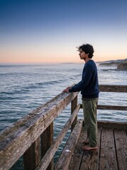 Fototapeta premium Pensive Indian Teenager Standing on Weathered Wooden Pier at Ocean Dawn