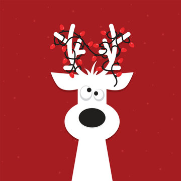 Cute Christmas Reindeer with Festive Lights, Funny Rudolph Holiday Illustration on Red Background.Christmas reindeer.