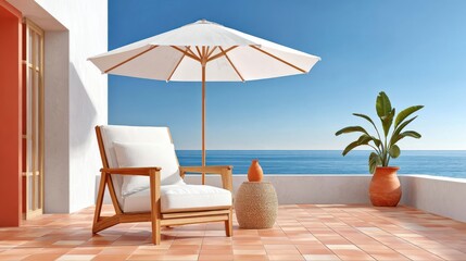 Fototapeta premium Terracotta tiled patio with wooden armchair and white cushion under large white parasol overlooking ocean, coastal relaxation setup