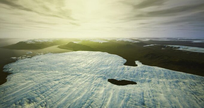 Aerial glacier melting under golden sunrise, drone survey capturing crevasse detail, vast ice sheet, scattered floes, cold ocean horizon, warm light contrast