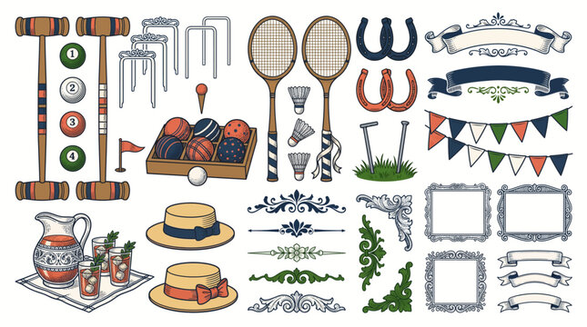 Vintage Lawn Games and Garden Party Set, English Croquet Mallets, Bocce Balls, Badminton and Horseshoes with Bunting Badges in Grass Green, Navy and Coral for Summer Party Design