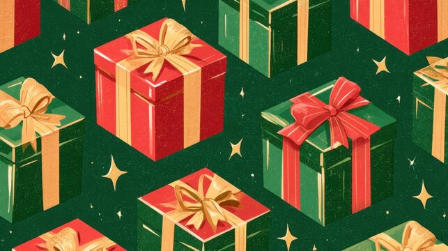 Seamless pattern of red and green gift box wrapped with gold and red ribbon bow decorative stars on dark green background festive wrapping
