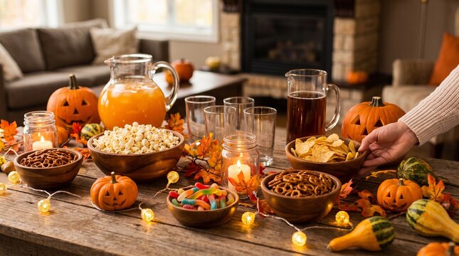 Halloween party table prepared with snacks, drinks, and pumpkins